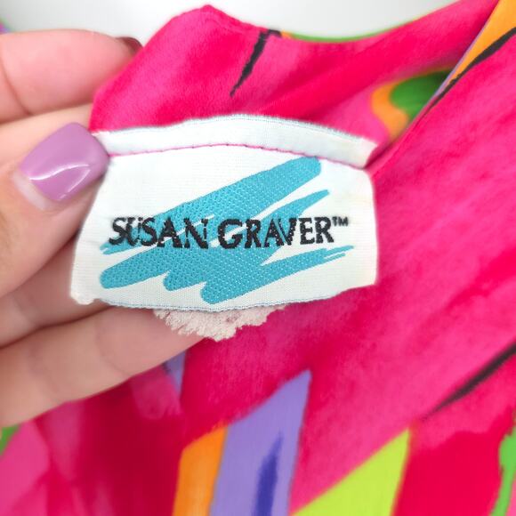 Susan Graver Vintage 80/90s Corlorful Pop Fluorescent Geometric Pattern Blouse L - Picture 5 of 13